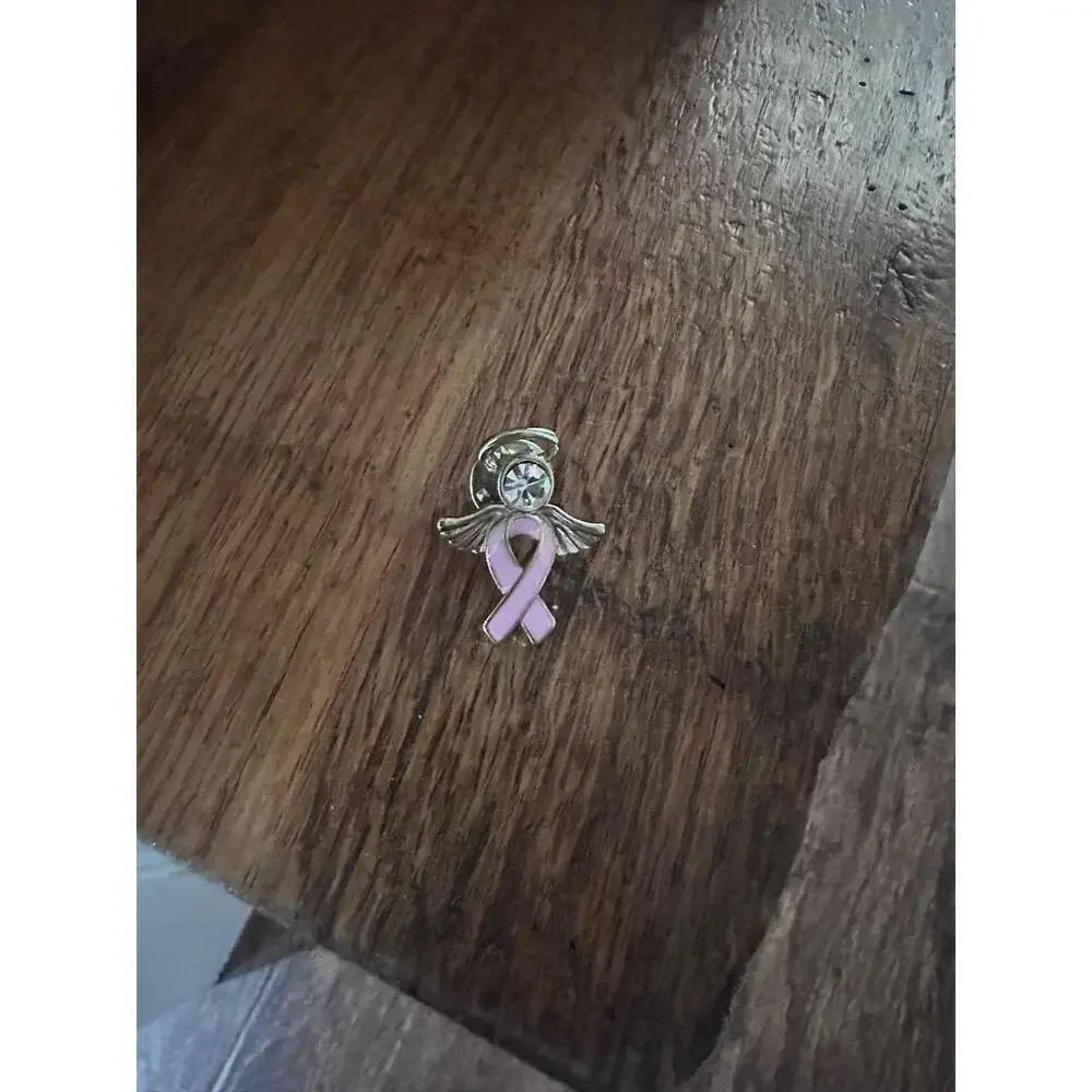 Gold Tone Pink Clear Rhinestone Angel Pin Brooch Awareness‎ Ribbon Support Gift